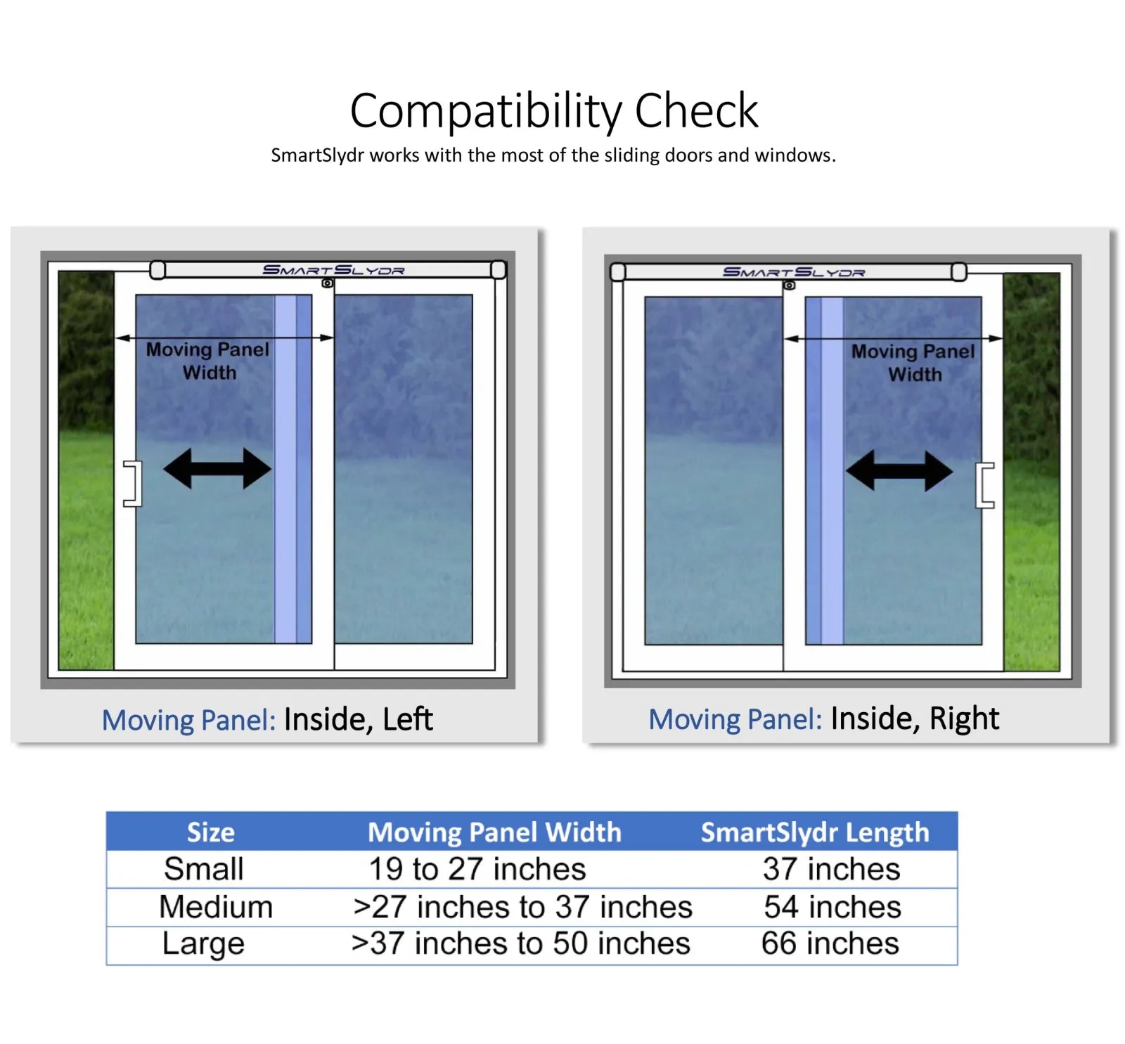 Size chart showing how to select the correct SmartSlydr for your door or window. Confirm dimensions, size (Small/Medium/Large), and sliding direction (Left or Right) before ordering.