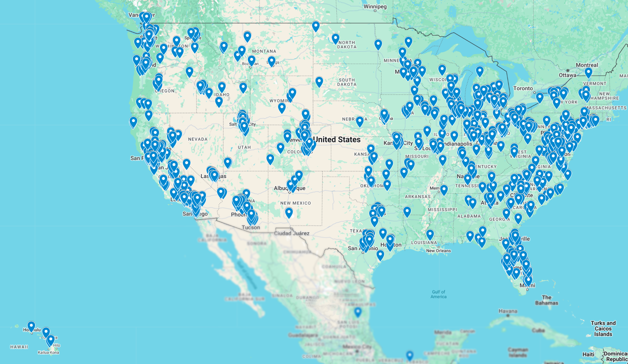 A map of the United States with various points indicating where SmartSlydr automatic sliding door and pet door systems are being used by customers.