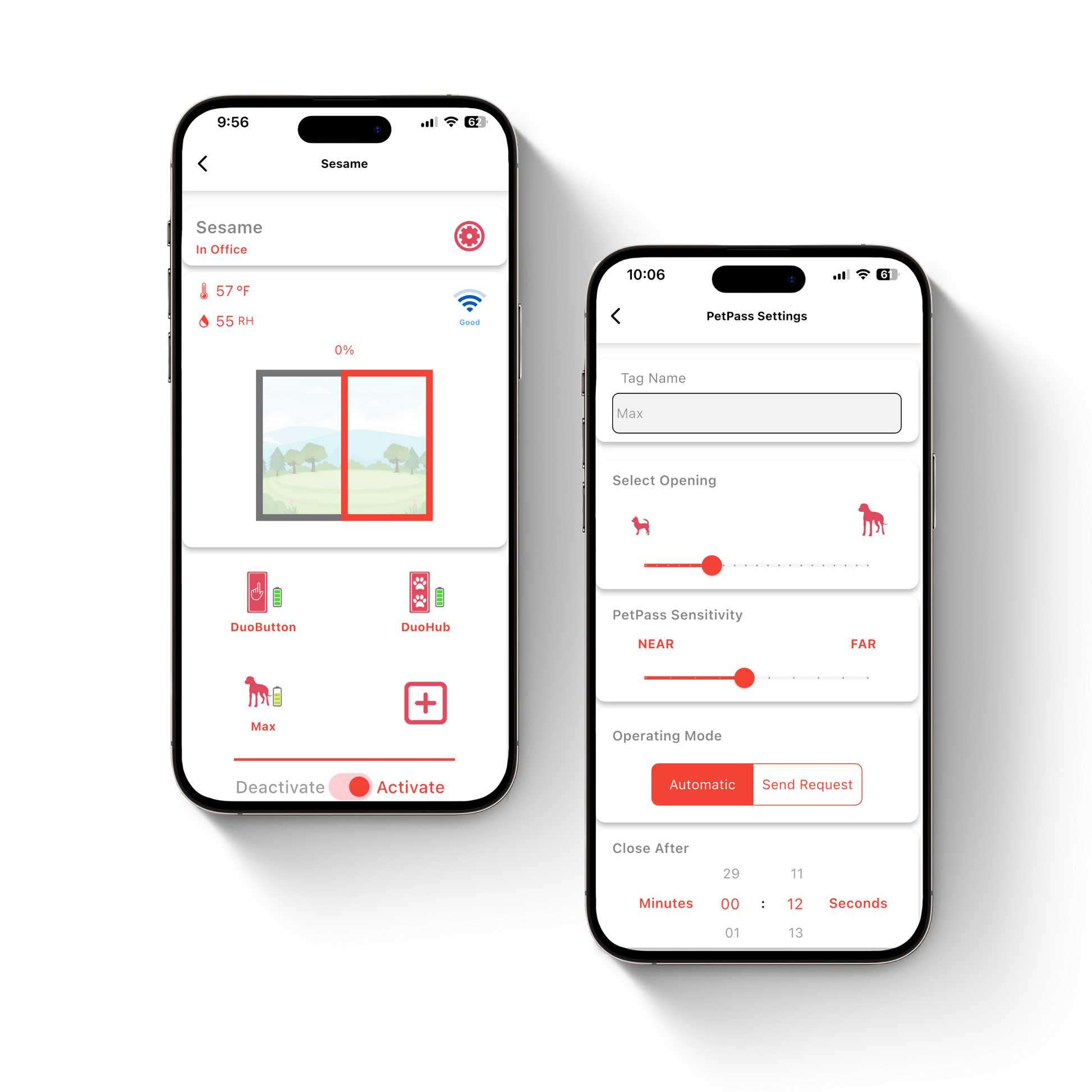 Screenshots of the SmartSlydr mobile app interface and PetPass Settings, customize door opening width and set a timer for automatic closing