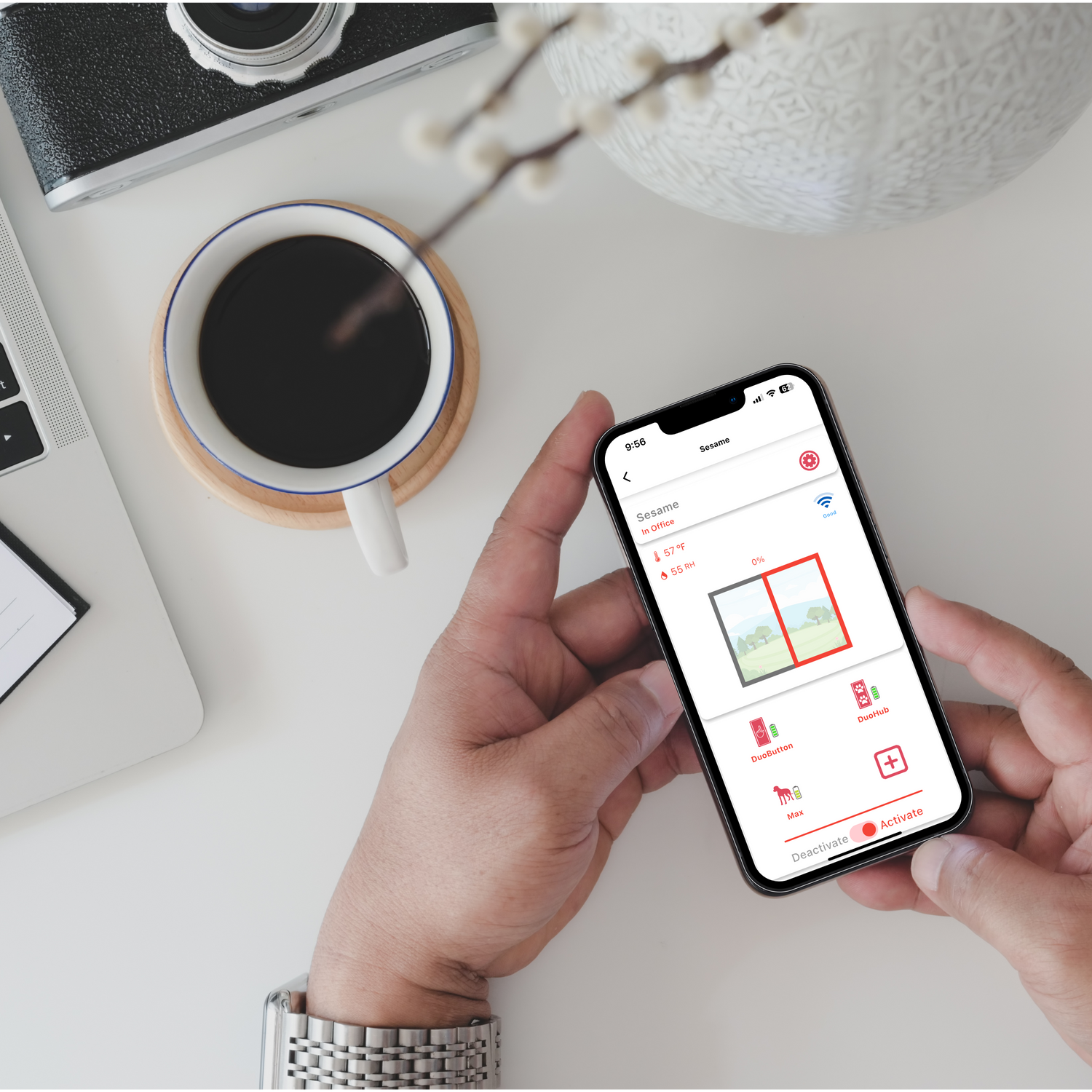 SmartSlydr mobile app interface to set up PetPass or DuoButton, with easy options to activate or deactivate pet access for sliding doors.