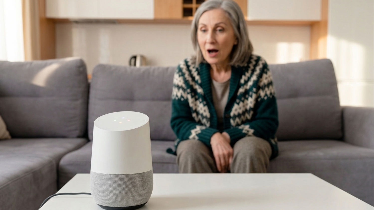 Woman sitting on a couch next to a Google Home Voice Assistant device in a living room.