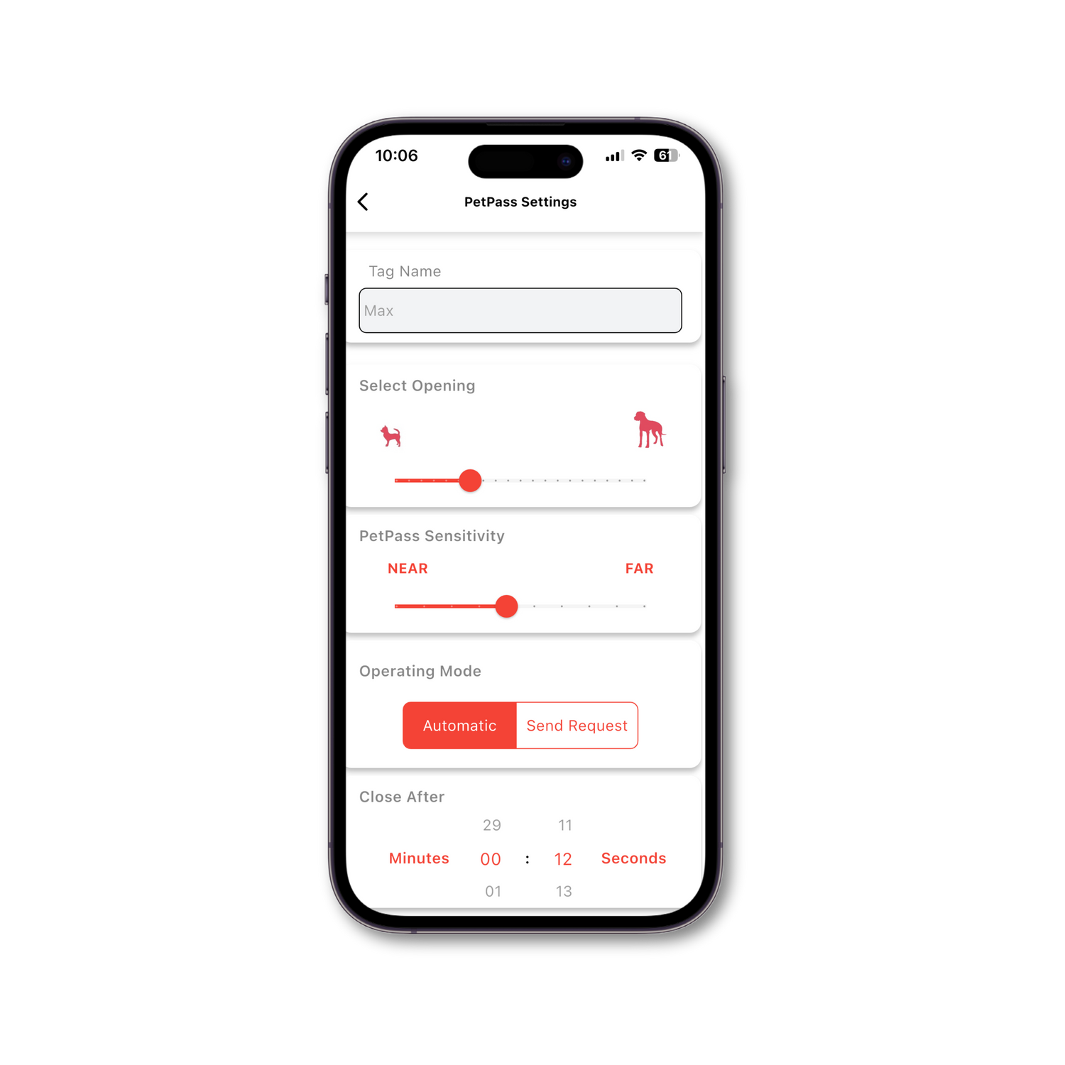 Configure SmartSlydr sliding door PetPass settings—opening, operating mode, sensitivity, and pet names.