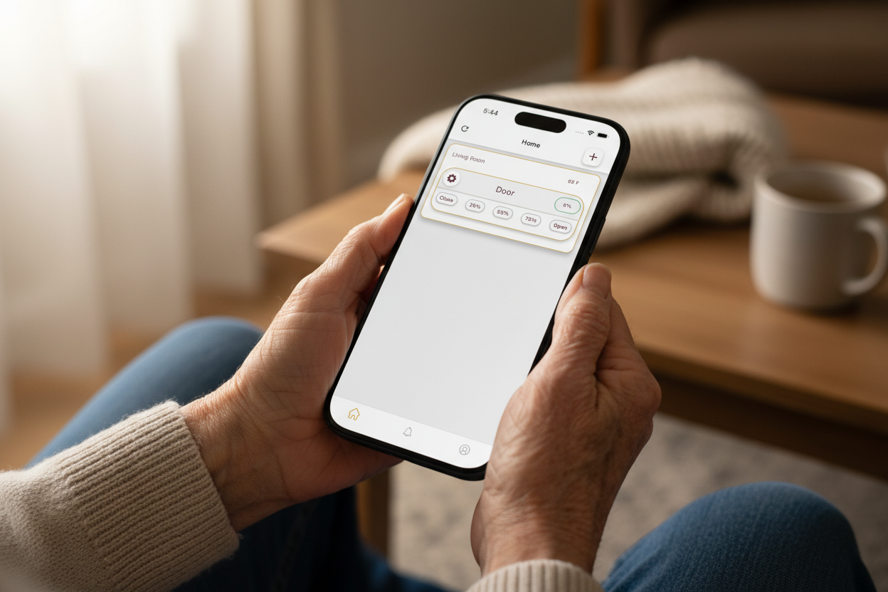 Elderly 80s arthritic hands holding phone with door control app