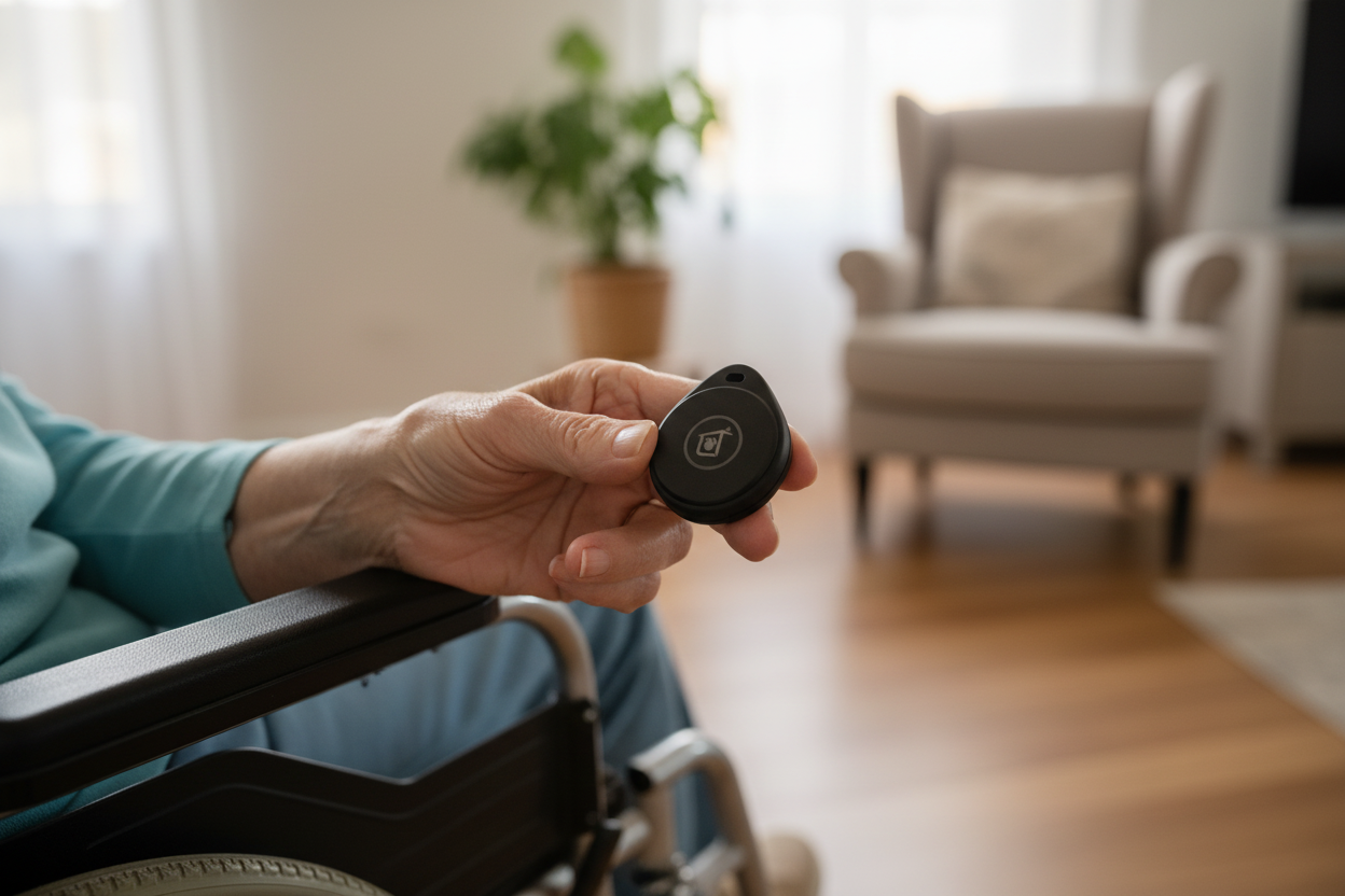 Elderly hand holding SmartSlydr key fob in wheelchair