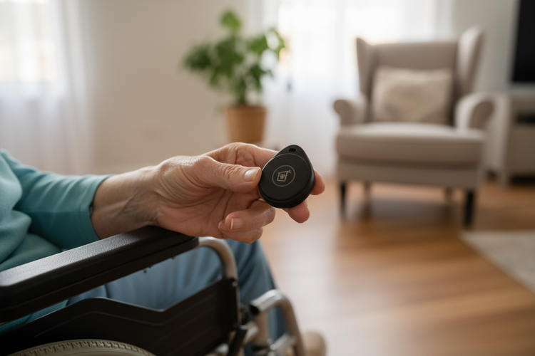 Elderly hand holding SmartSlydr key fob in wheelchair