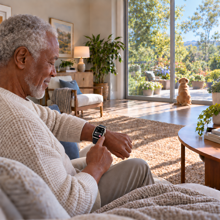 Senior man seated on his sofa taps his Apple Watch to open the SmartSlydr automatic sliding patio door as his dog waits outside