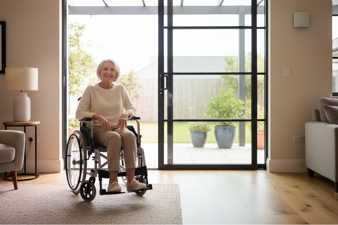 Senior with wheelchair and proportional sliding door