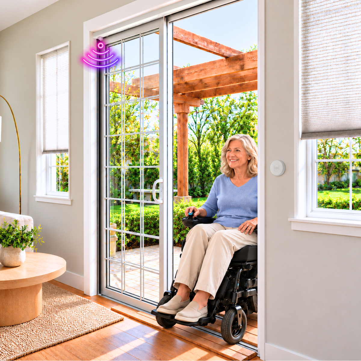 Senior woman in a power wheelchair rolls through an open sliding patio door automated by SmartSlydr, with a wall-mounted button beside the door