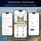 SmartSlydr app screens for managing dog door access and settings remotely, no smart home hub required