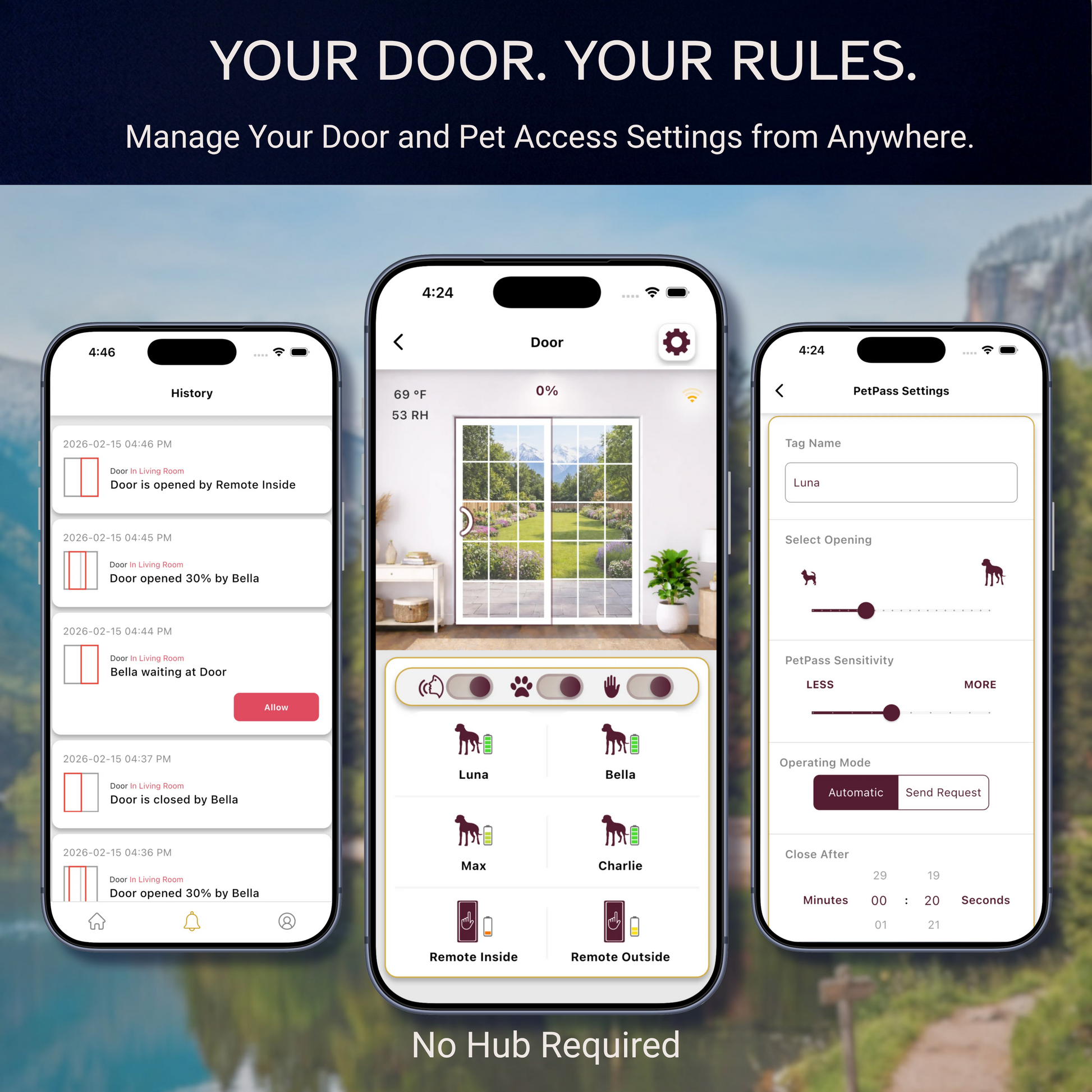 SmartSlydr app screens for managing dog door access and settings remotely, no smart home hub required