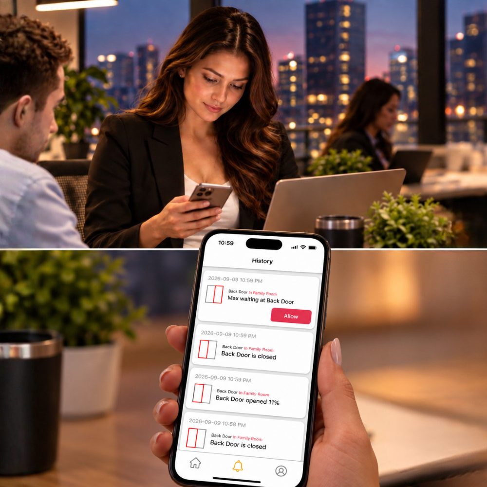 Woman checking the SmartSlydr app for a dog door notification and activity history while at work