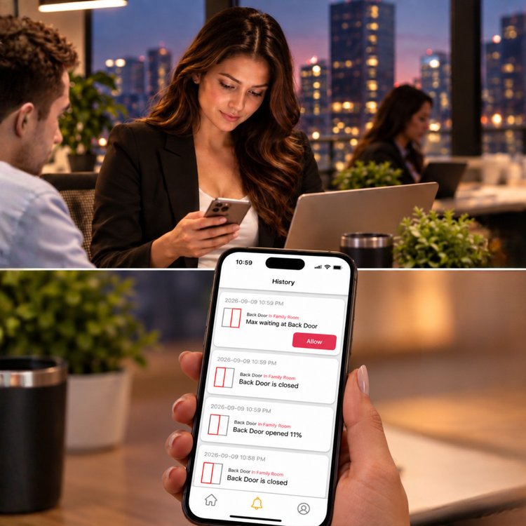 Woman checking the SmartSlydr app for a dog door notification and activity history while at work