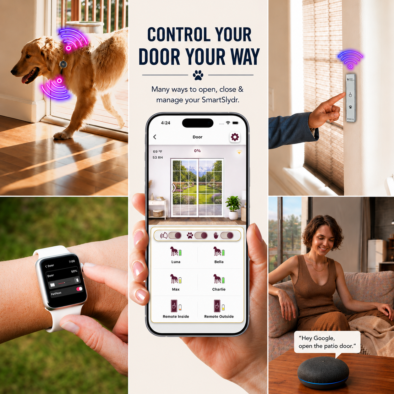 Five ways to control the SmartSlydr smart pet door — PetPass tag, Apple Watch, iPhone app, DuoButton remote, and Google Assistant voice command