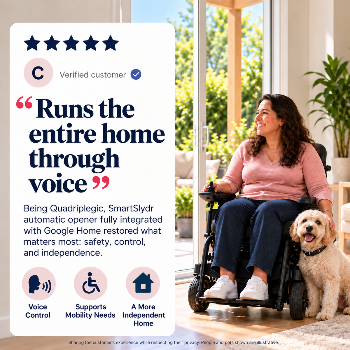 5-star SmartSlydr review: "Runs the entire home through voice." Wheelchair user with her dog by an automatic sliding patio door controlled by Google Home