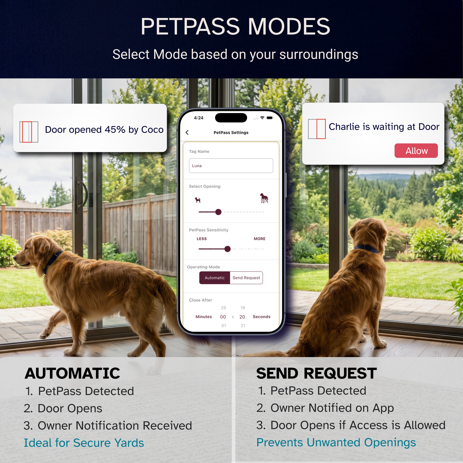 automatic-vs-send-request-mode.jpg	SmartSlydr PetPass Automatic and Send Request modes shown in the app for controlling dog door access