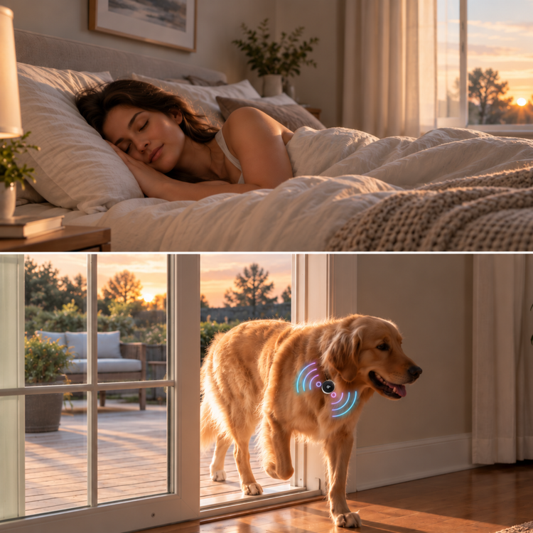 Owner sleeping in past sunrise while her dog uses the SmartSlydr PetPass automatic door on its own