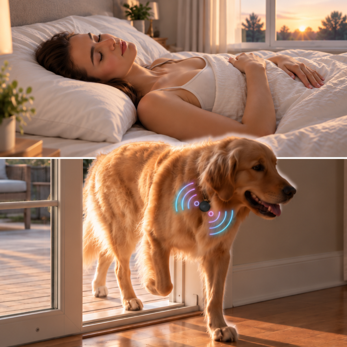 Owner sleeping in while her dog uses the SmartSlydr Pettag automatic pet door on its own