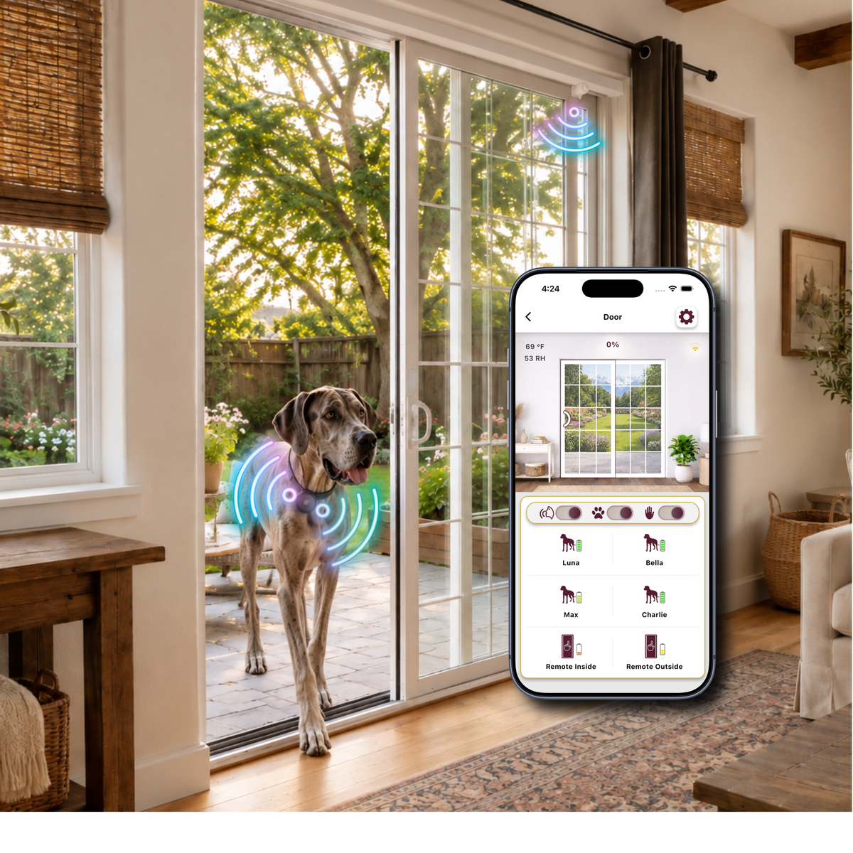SmartSlydr Regal automatically detecting a dog at the sliding glass door, shown alongside the SmartSlydr smartphone app for smart control