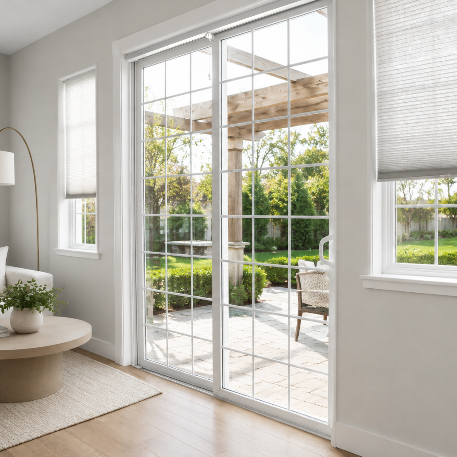 SmartSlydr Regal - automatic sliding door opener mounted along the top of a white sliding door frame, finished to blend seamlessly into the home