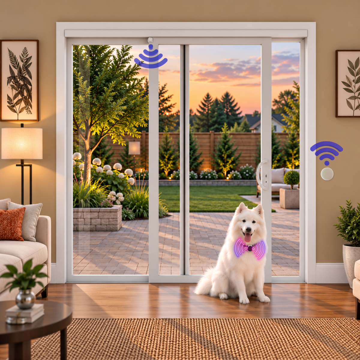 SmartSlydr Regal detecting a dog's smart collar signal to automatically and open the sliding glass door