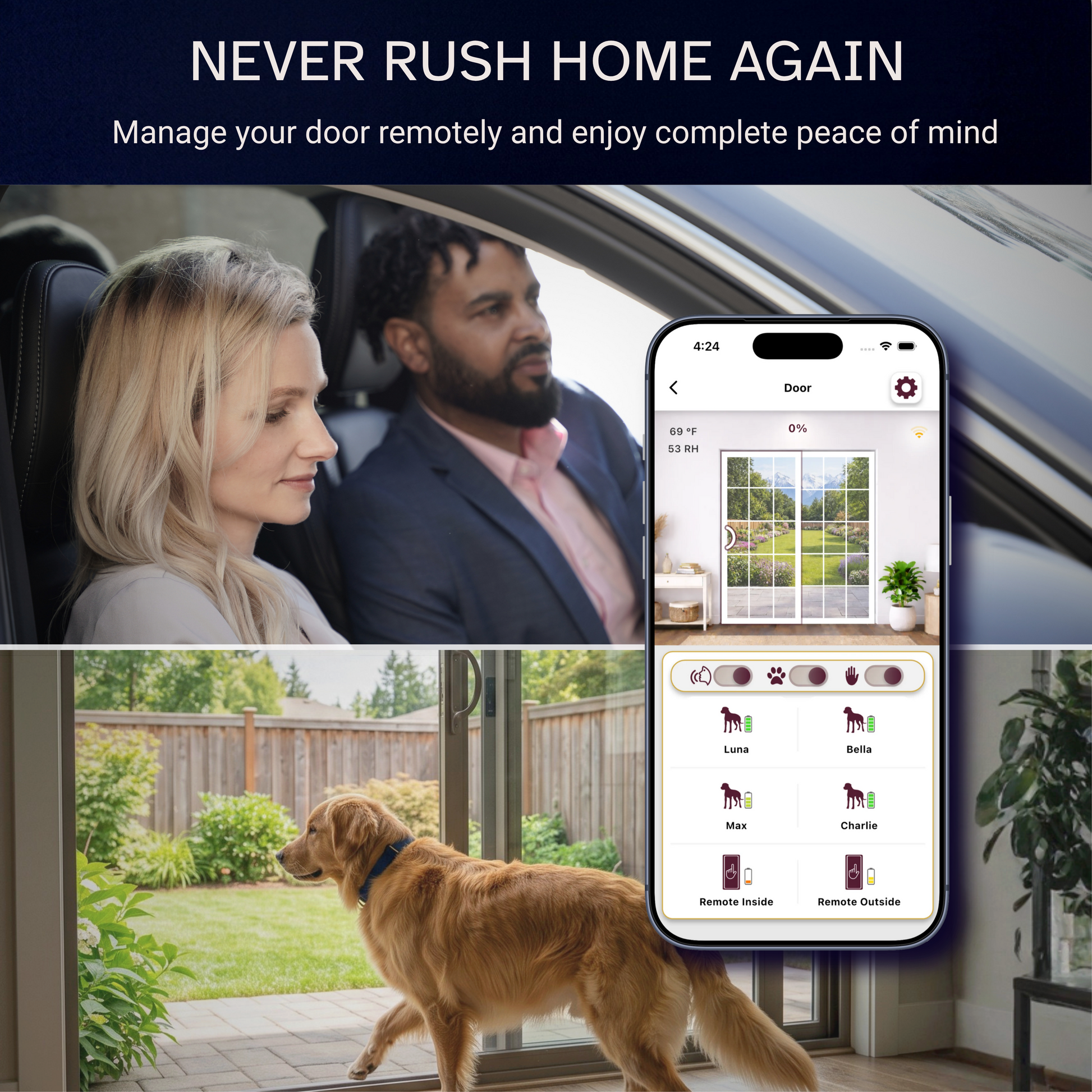 Couple checking the SmartSlydr app to remotely open their smart pet door for their dog