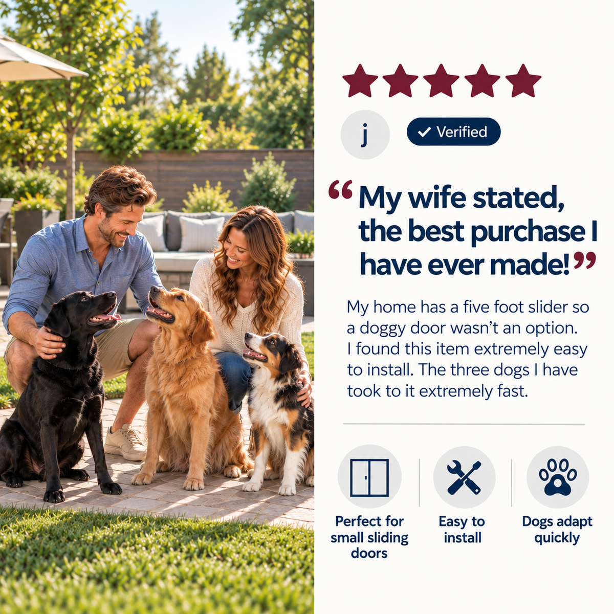 5-star SmartSlydr review — 'my wife stated, the best purchase I have ever made,' easy install for small sliding doors, dogs adapt quickly