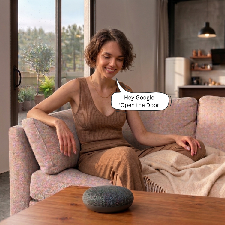 Woman using Google Assistant to open her SmartSlydr sliding door by saying "Hey Google, open the door"