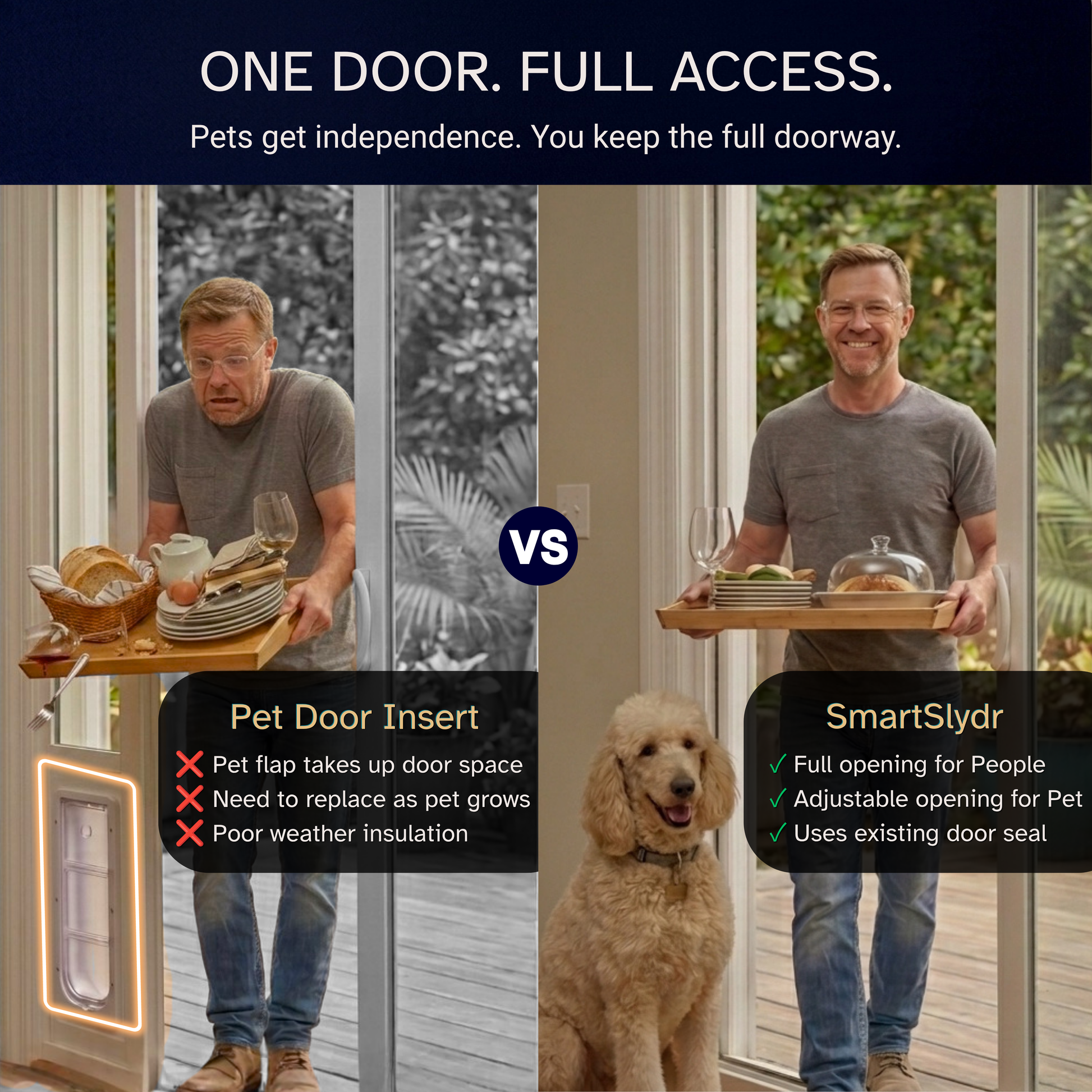insert-full-doorway-access.jpg	Comparison of a pet door insert blocking doorway space versus SmartSlydr's full walk-through sliding door access