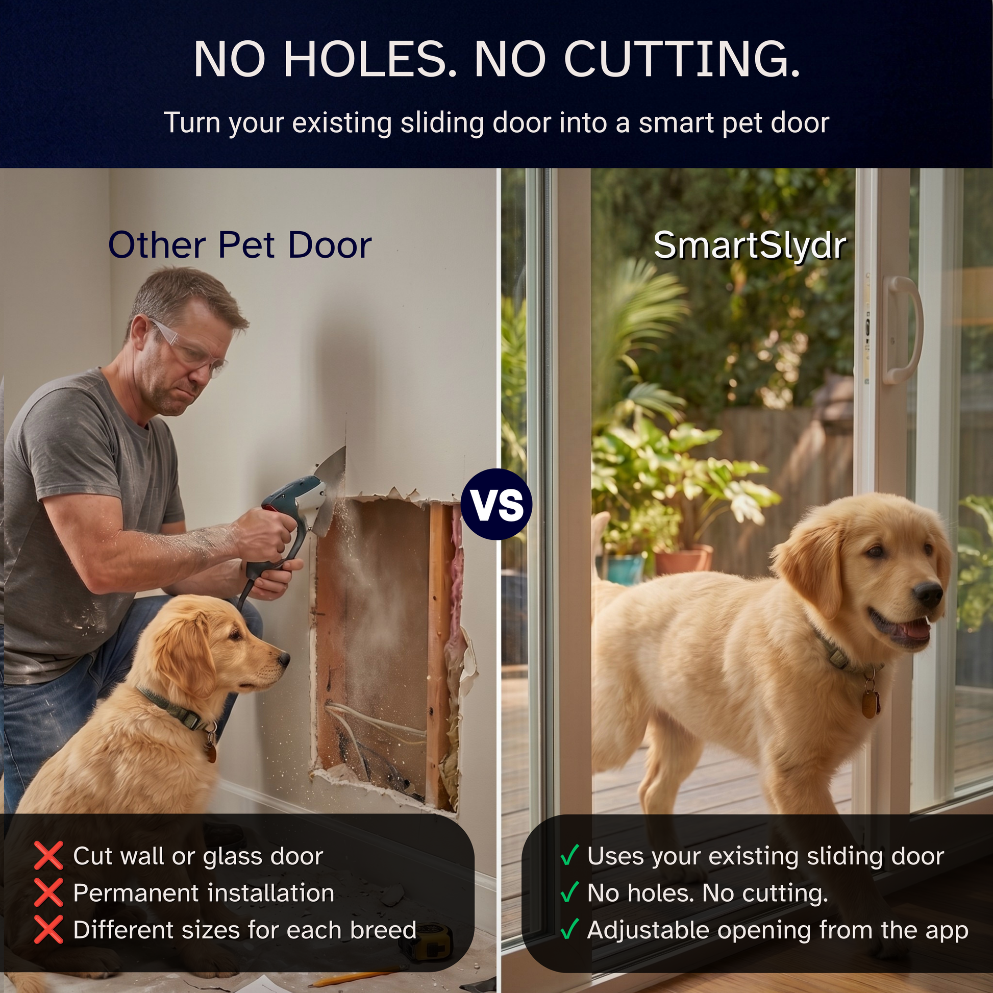 pet-door-no-cutting-install.jpg	Comparison of a traditional pet door requiring wall cutting versus SmartSlydr's no-cut sliding glass door installation