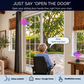 Senior woman in a power wheelchair uses Alexa voice control to open her sliding patio door hands-free with the SmartSlydr automatic door opener