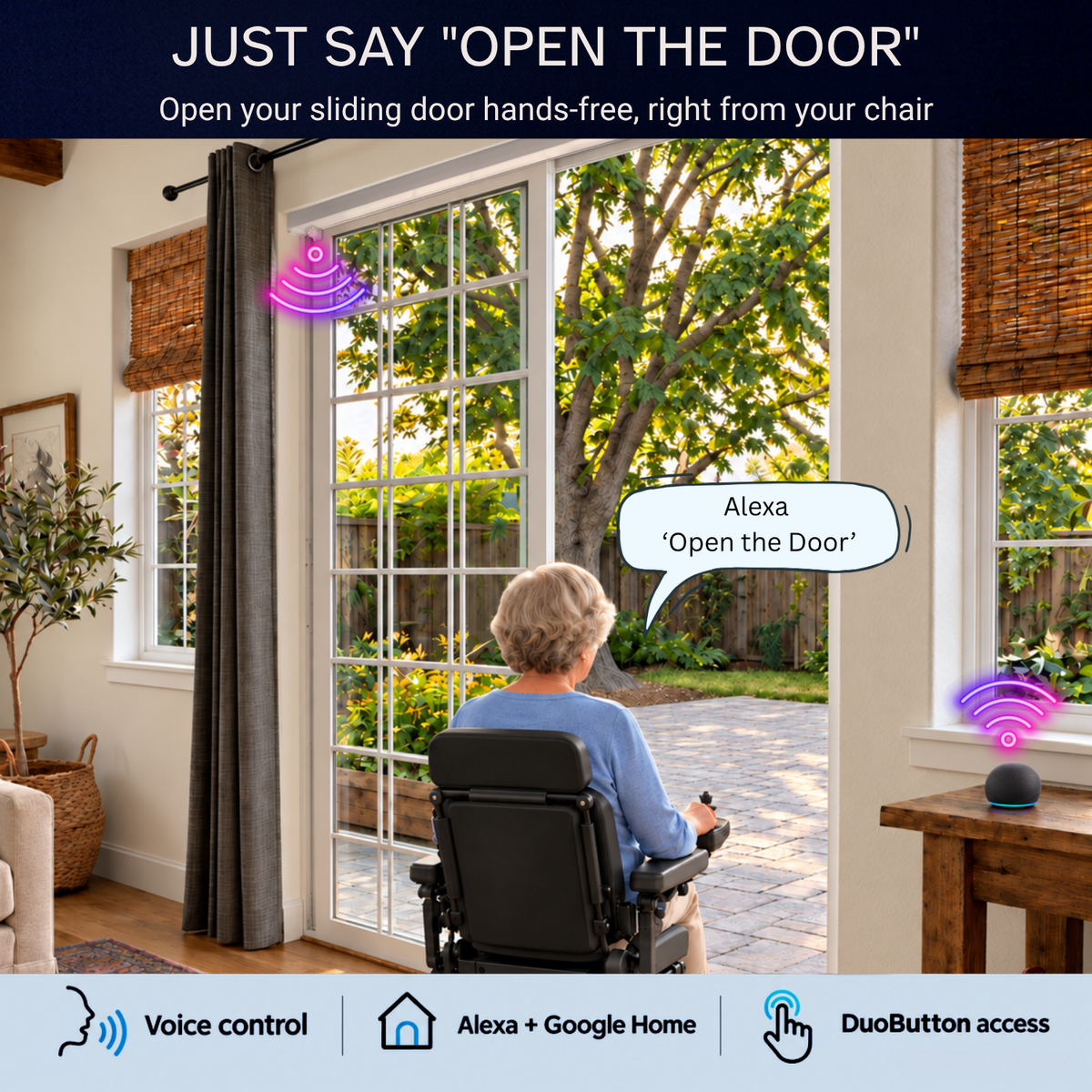 Senior woman in a power wheelchair uses Alexa voice control to open her sliding patio door hands-free with the SmartSlydr automatic door opener